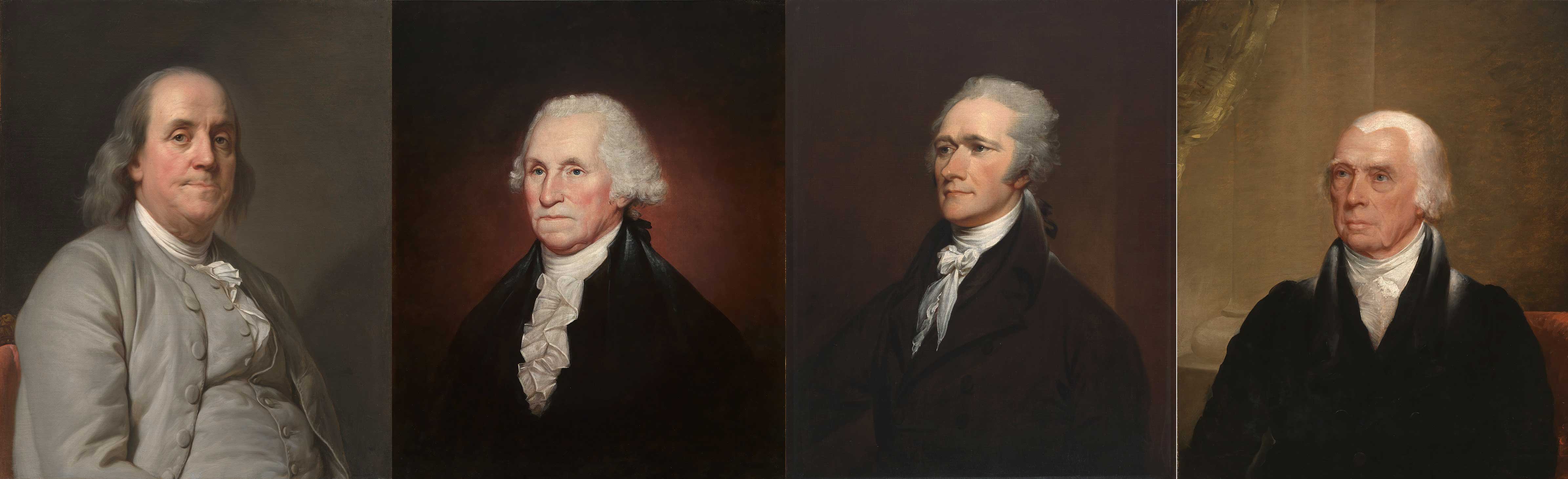 Oil portraits of four men wearing wigs and black suits
