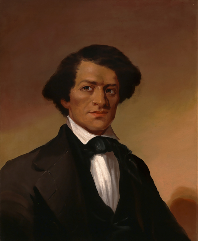 Waist length painting of a young Black man in a black suit