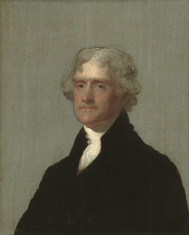 man facing left with powdered hair, white cravat and black coat