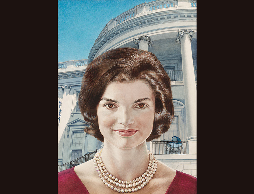 Young woman in a red dress in front of the White House