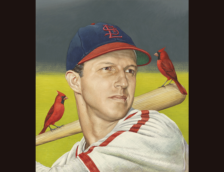 Baseball player  with two cardinals on his bat