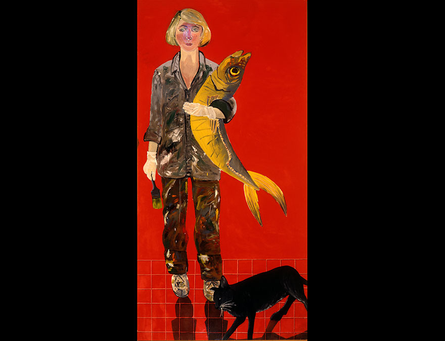 Full length new of a woman with a cat holding a large fish