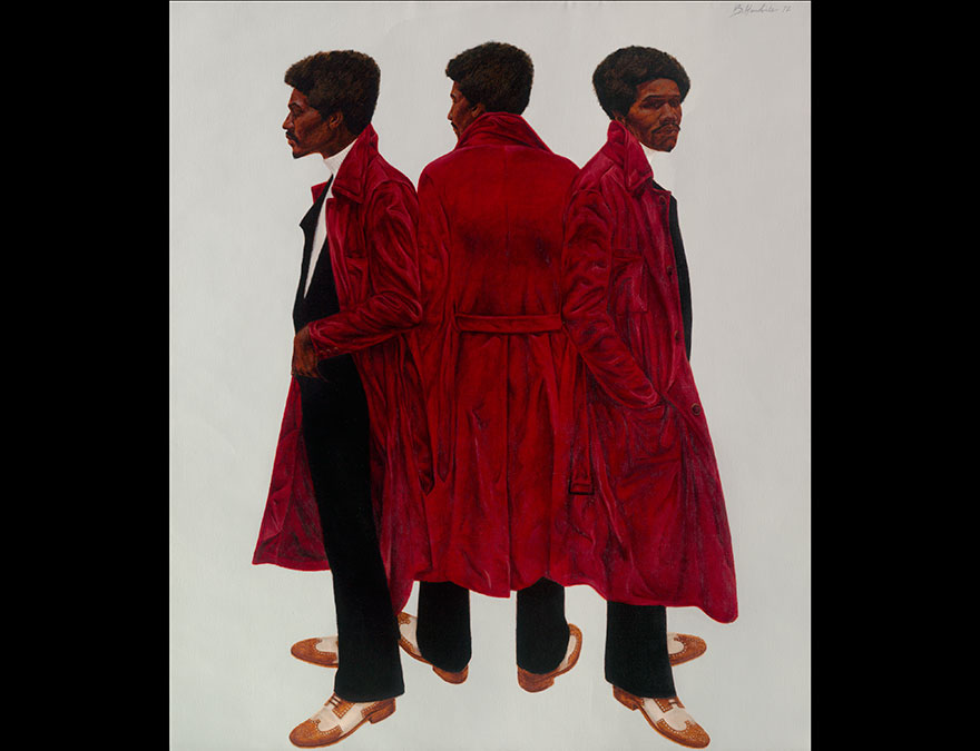 Three views of the same man in a red coat