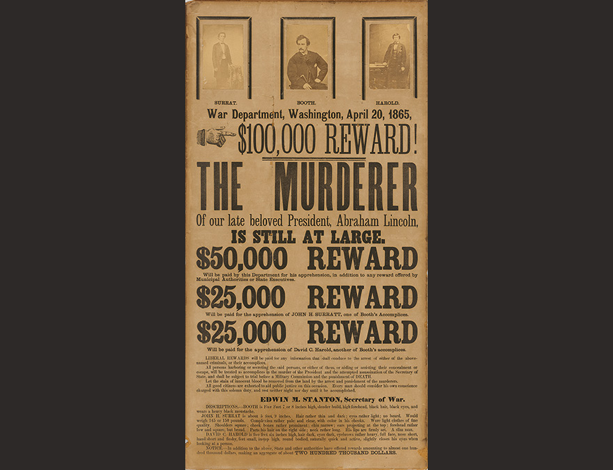 Wanted poster with images of John H. Surratt, John Wilkes Booth, and David E. Herold