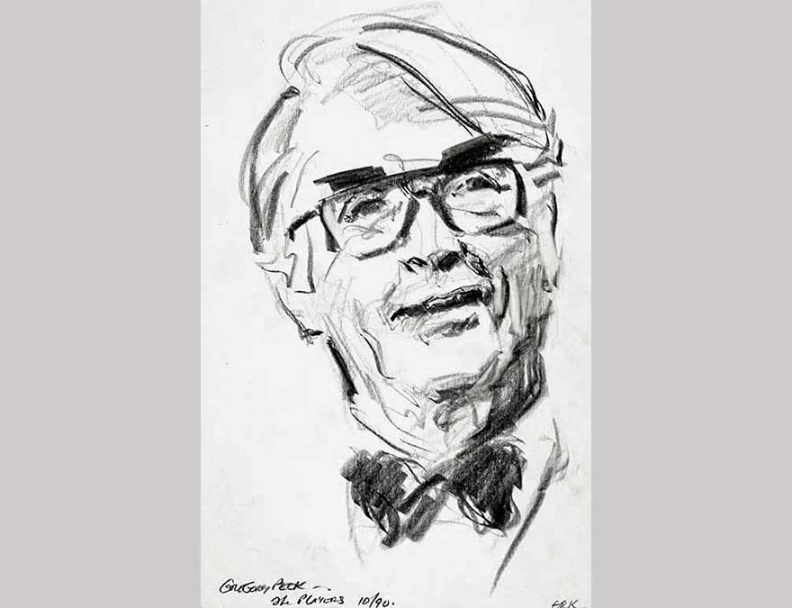 Black and white sketch of an older man with glasses