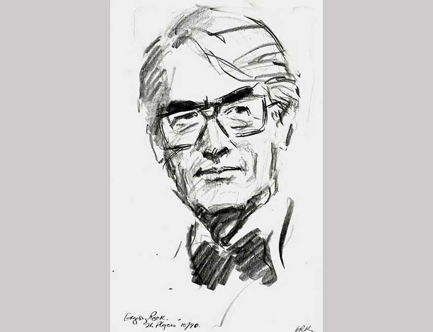 Black and white sketch of an older man with glasses