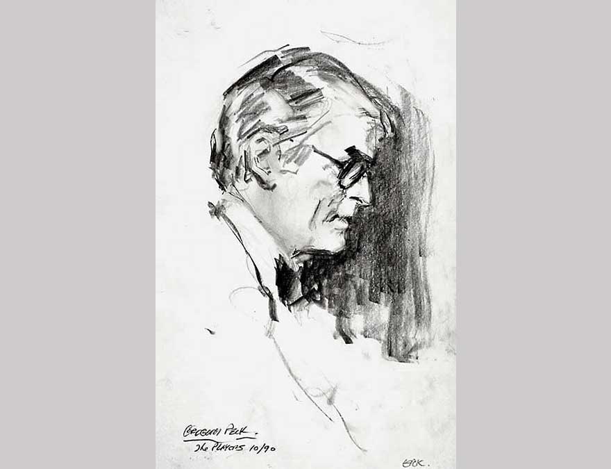 Black and white sketch of an older man with glasses