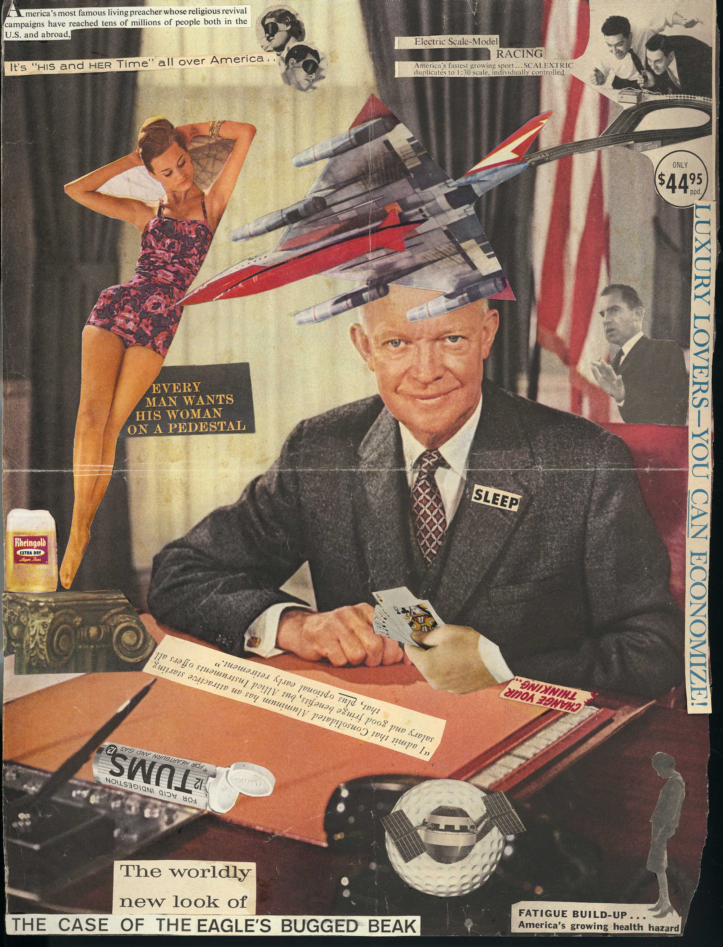 A collage featuring a drawing of President Eisenhower covered in cut out headlines from magazines