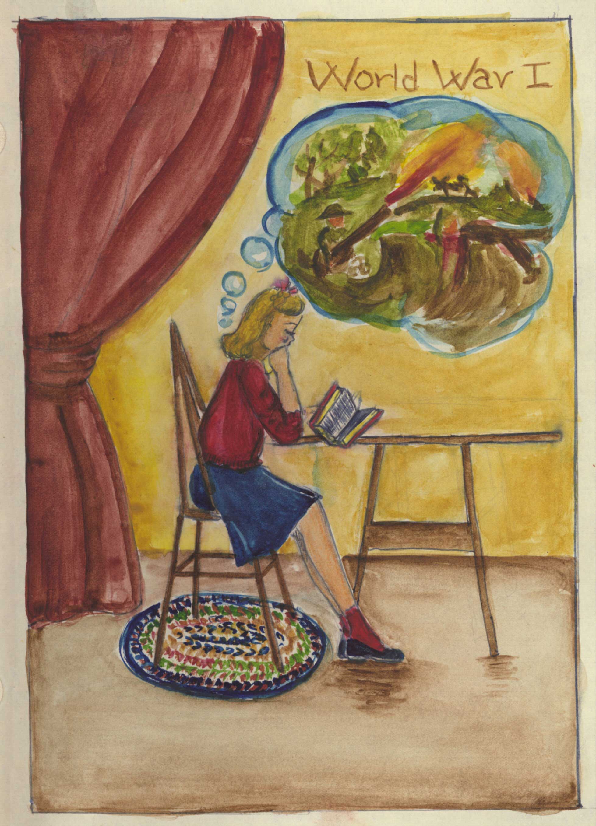 A drawing of a young girl reading a book and imagining a battle in a thought bubble