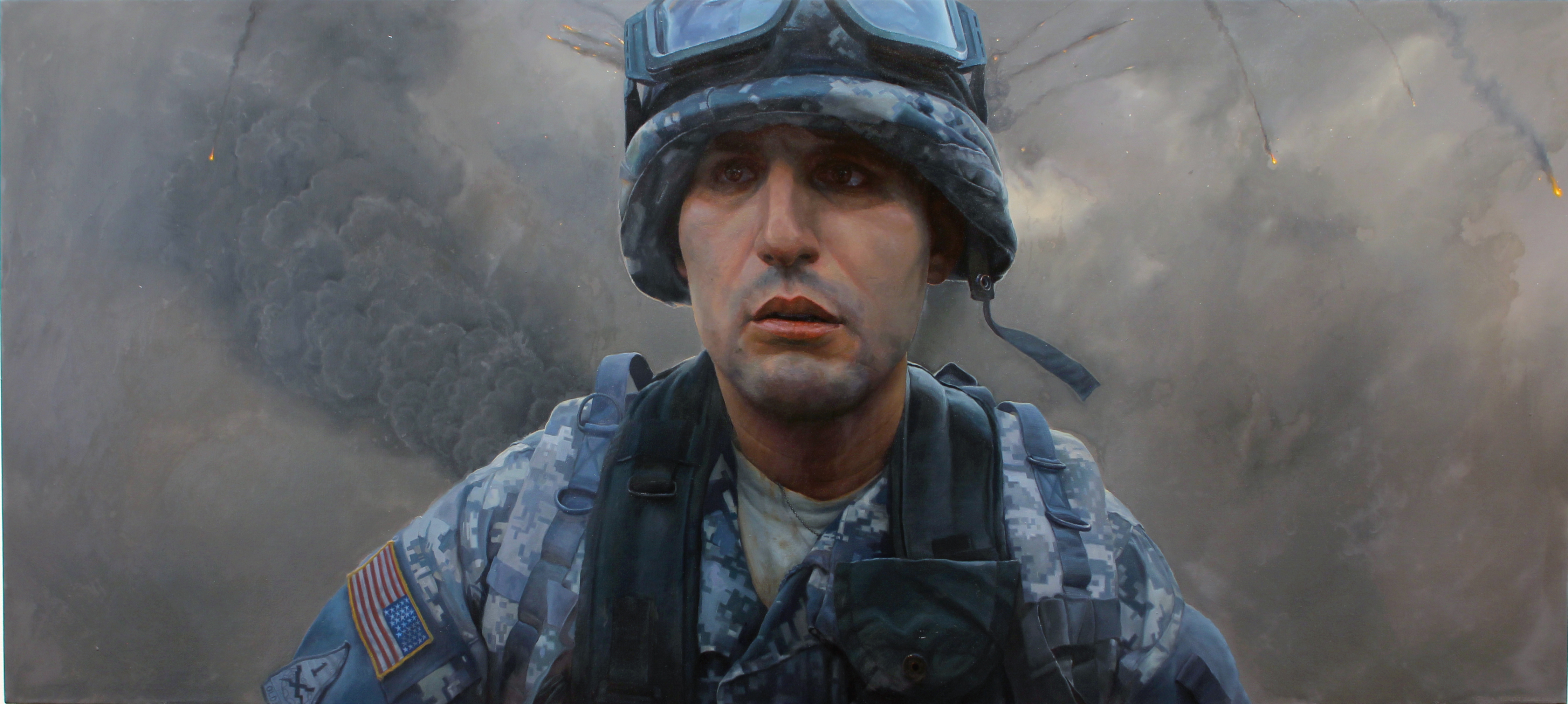 Painting of a soldier running away from an explosion in an American military uniform