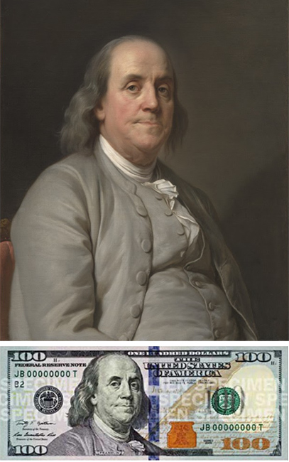 portrait of a Revolutionary era man in a brown suit and a banknote below the portrait 