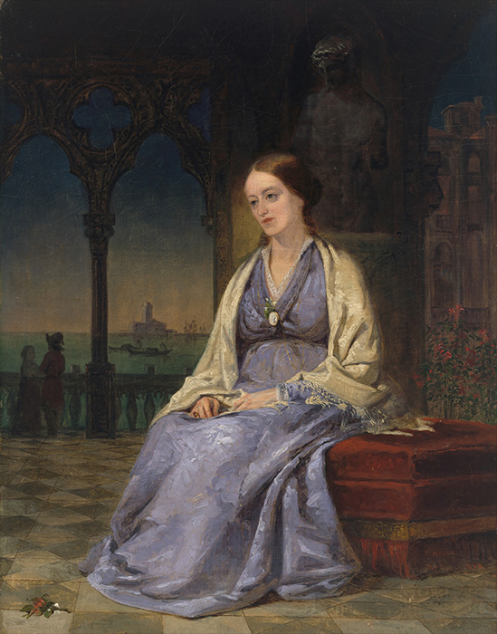 Full length portrait of a seated woman in a blue dress