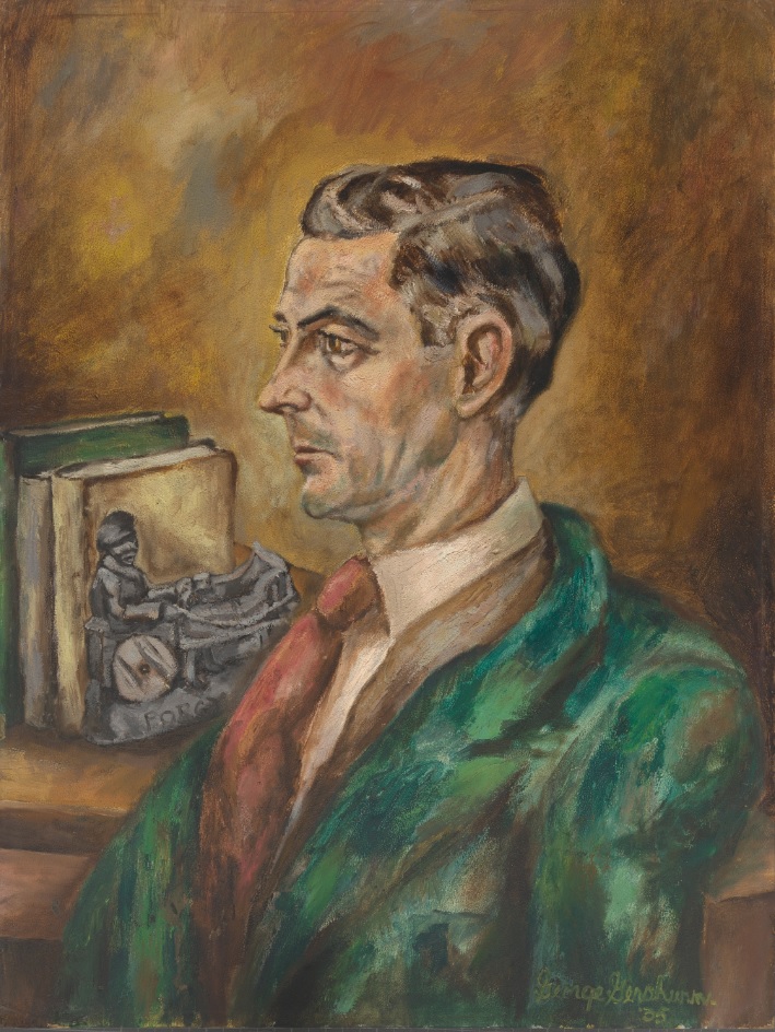 Painting of a man in a green blazer looking away from the viewer