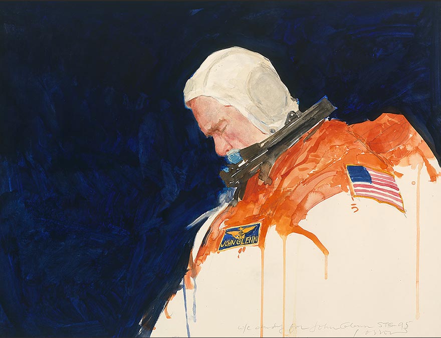 Watercolor of an astronaut in full gear with his head down.