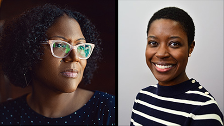 Headshots of two African American women, one with glasses and another with short hair and a striped shirt