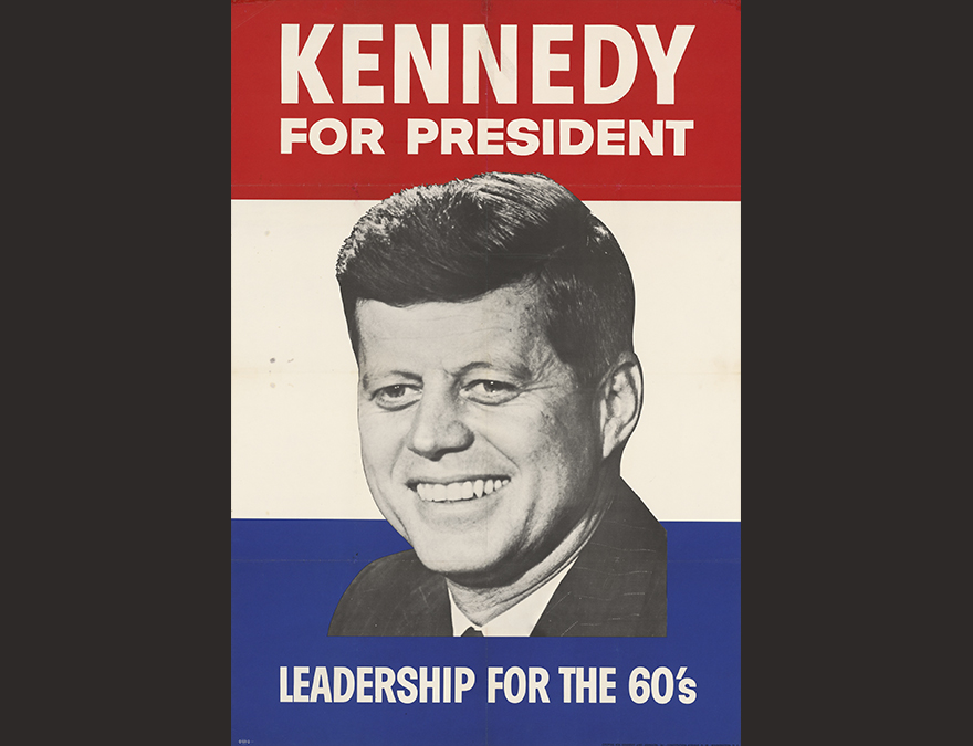 Red white and blue poster with JFK's photo