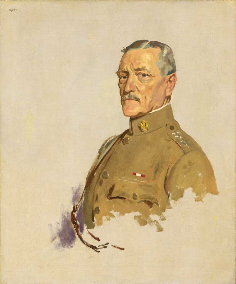 Unfinished painting of a stern looking man in a military uniform