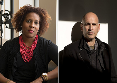 two photos, one of a Black woman in a black sweater and another of a balding man in a dark shirt