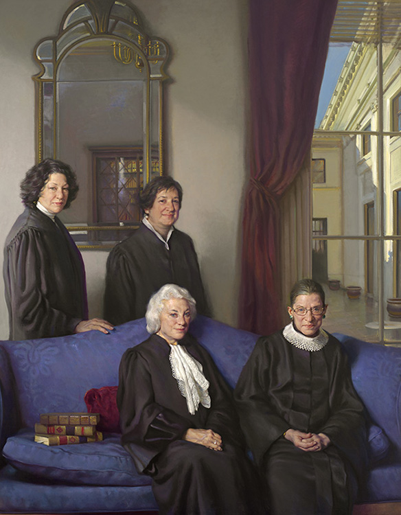 Four female Supreme Court justices, two standing and two seated in a formal setting