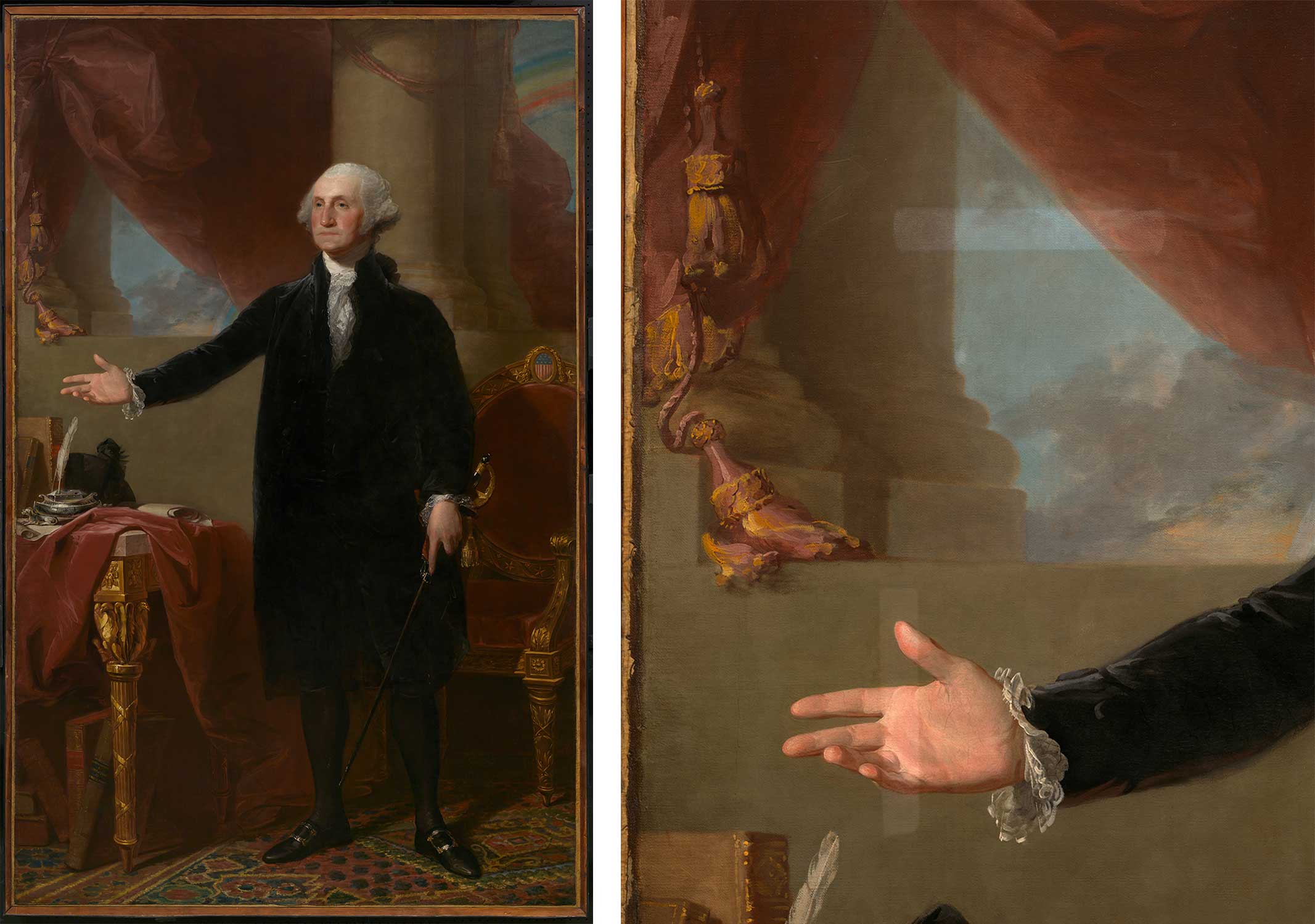 An image of the entire Lansdowne portrait and a close up of its hand being cleaned