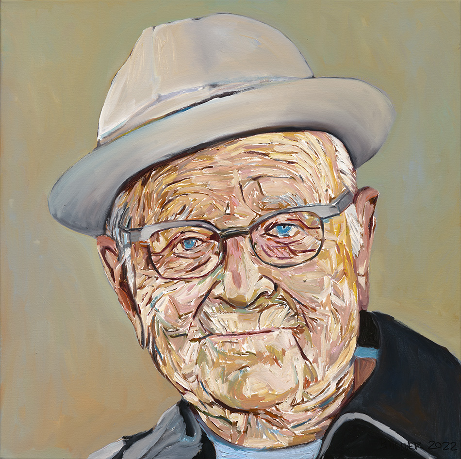 painted portrait of a head of a man with a hat