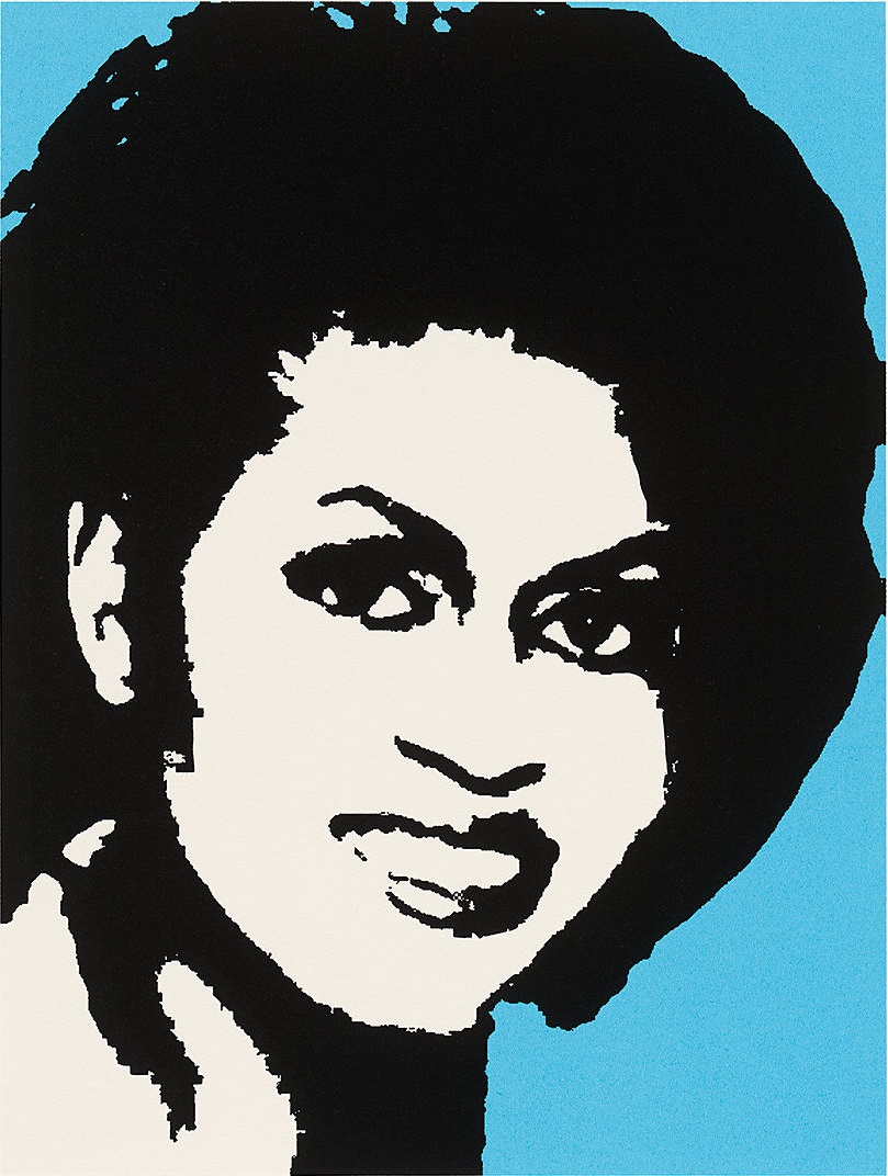 Black and white screen print of a smiling woman with short hair against a blue background