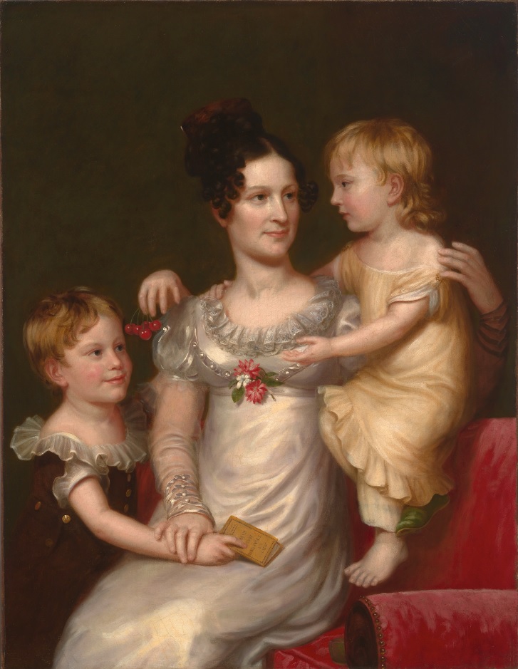 A painted portrait of a woman holding and interacting with two children