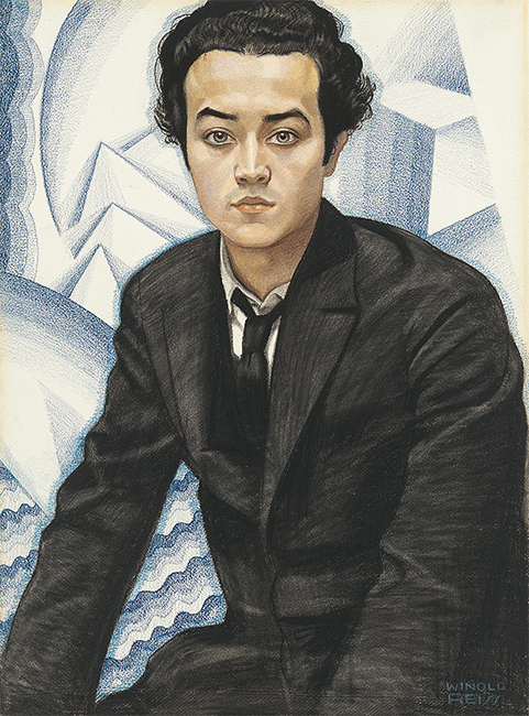 Waist length pastel portrait of a young Asian man in a black suit