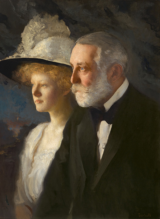 portrait of a young woman and an older man with a beard