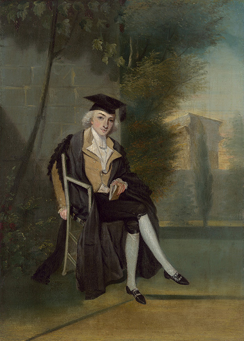 Full length portrait of a man in breeches sitting in a landscape