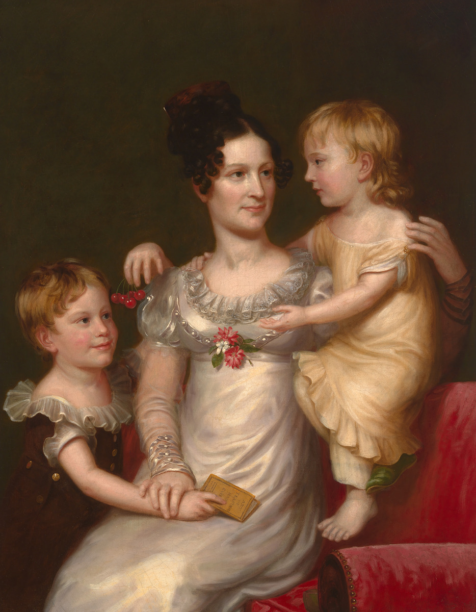 A painting of an 18th-Century woman sitting on a couch with her two young children.