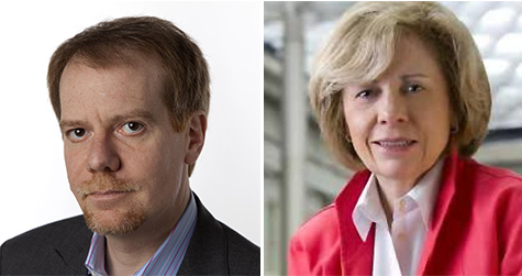 headshots of a man in a dark jacket and a woman in a pink blazer