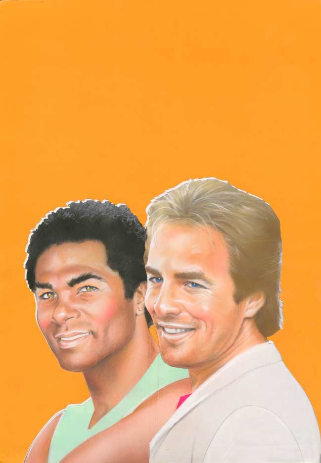A drawing of two men against a bright orange background