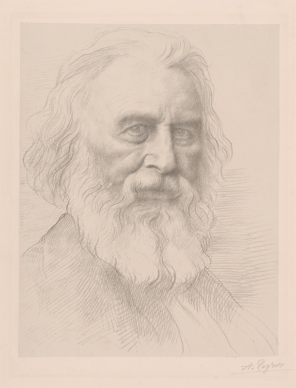 drawing of an older man with long white hair and a beard