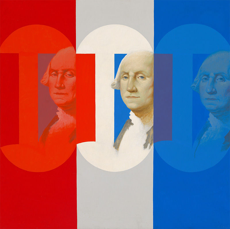 multiple portraits of George Washington in red, white and blue