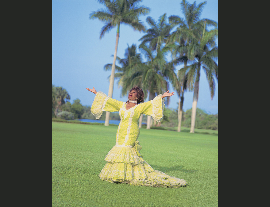 Woman in a long yellow dress on a lawn with palm trees in background