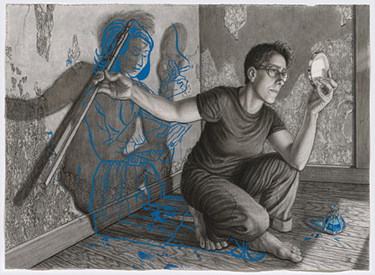 drawing of a woman observing a outline of a figure behind her