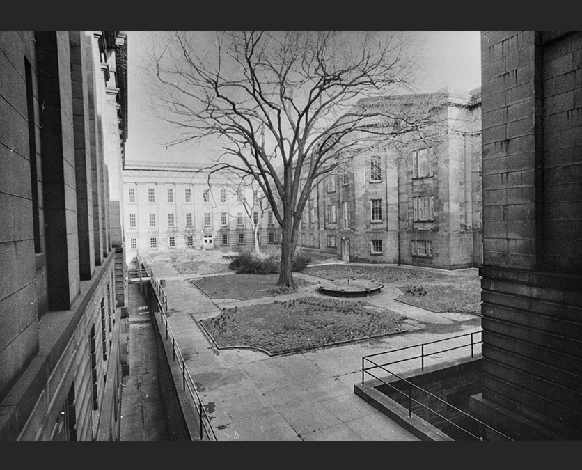 Black and white photo of a courtyard