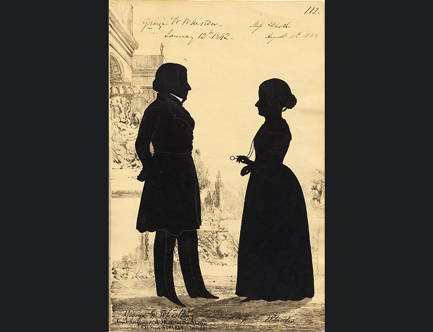 Silhouette of a 19th century man and woman facing each other