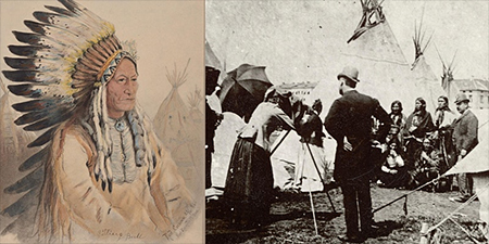 watercolor of a Native American in headdress and photo of woman photographing a group of Native Americans