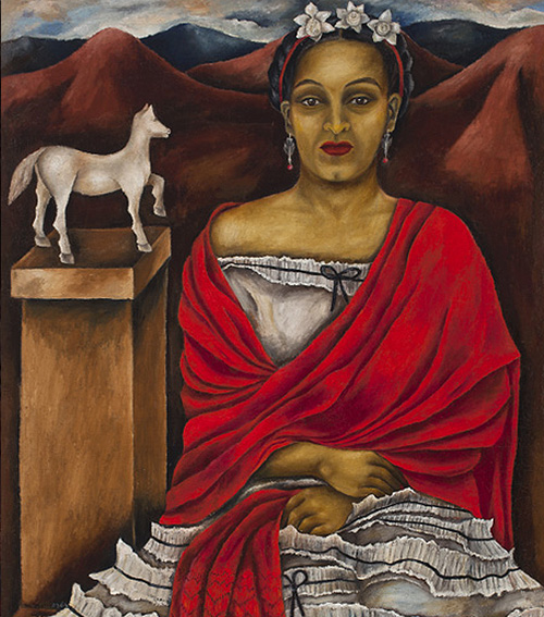 painting of a woman in a white dress with a red wrap and flowered headband