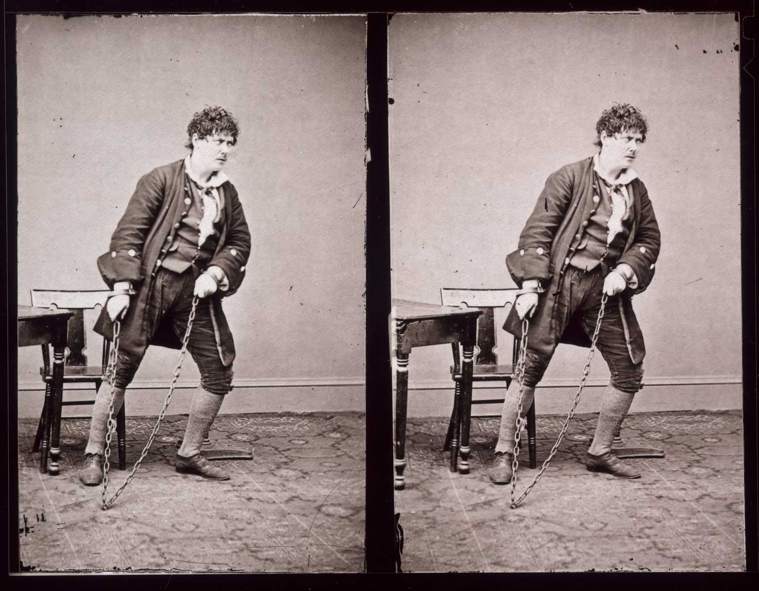 Two black and white image of a man chained to the floor