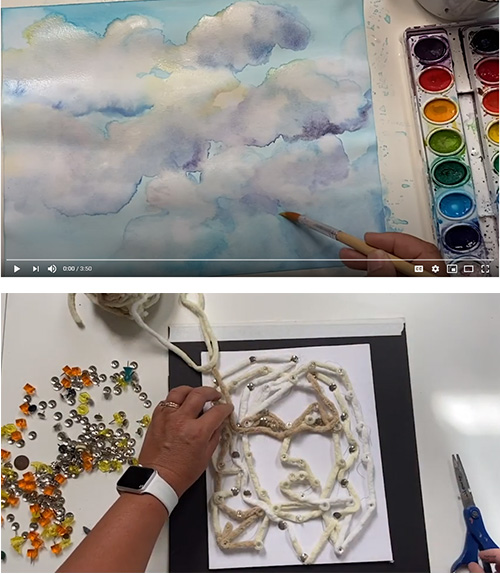 one image of a hand painting couds adn another of hands making a string portrait
