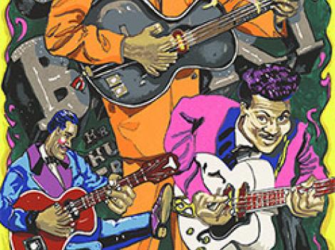 image of three African American men in colorful jackets all playing guitars