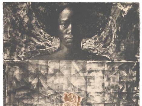Black and white poster with a woman's bust on one half and a pink rose on the other half