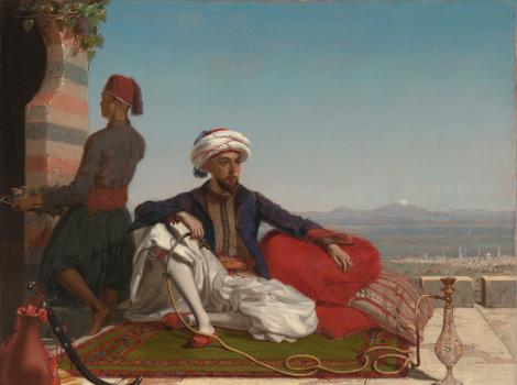 Painting of a man in reclining on pillows and smoking a hookah with the city of Damascus in the background