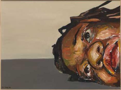 Painting of head resting with one ear to the ground, eyes looking ahead blankly