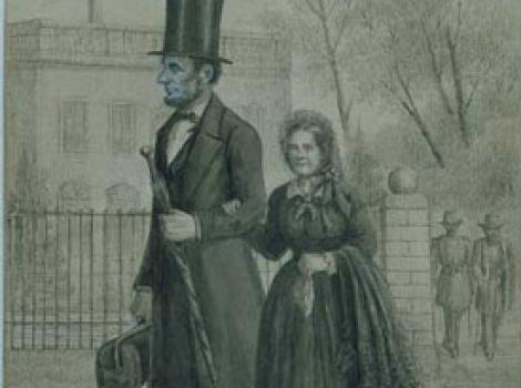 Drawing of Lincoln and Mary Todd Lincoln walking together in street
