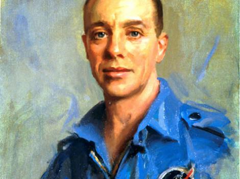 Painted portrait of Alan Bartlett Shepard, Jr. in astronaut uniform