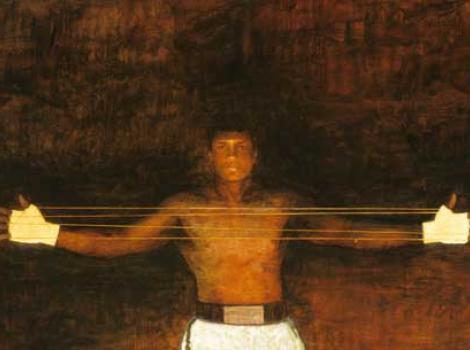 Painted portrait of Muhammad Ali, holding string with arms outstretched 